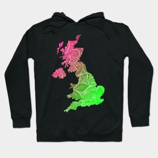 Colorful mandala art map of United Kingdom with text in pink and green Hoodie